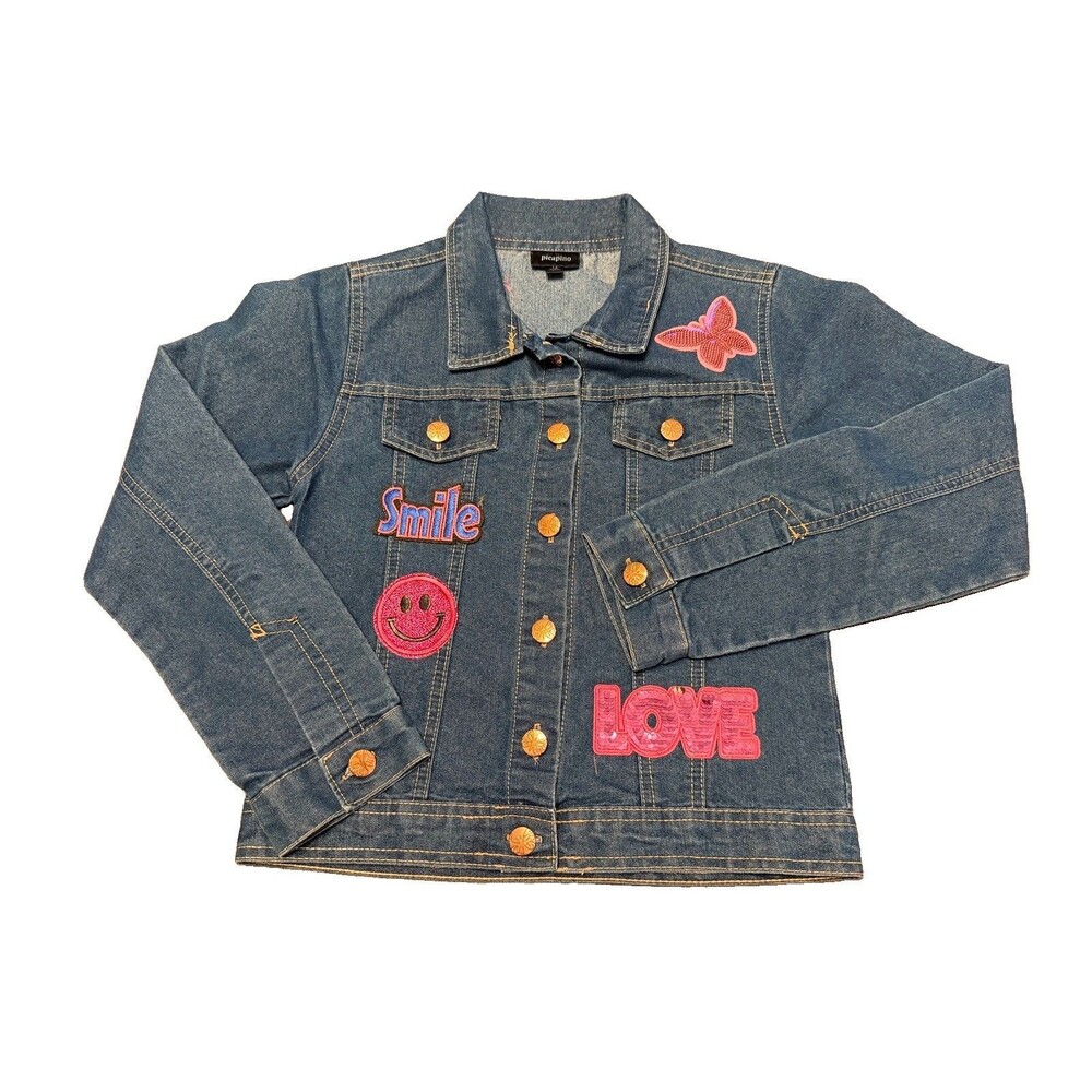 Upcycled Custom Designed Girl’s Denim Jacket- Sz 12- Butterfly, Love, Smiley